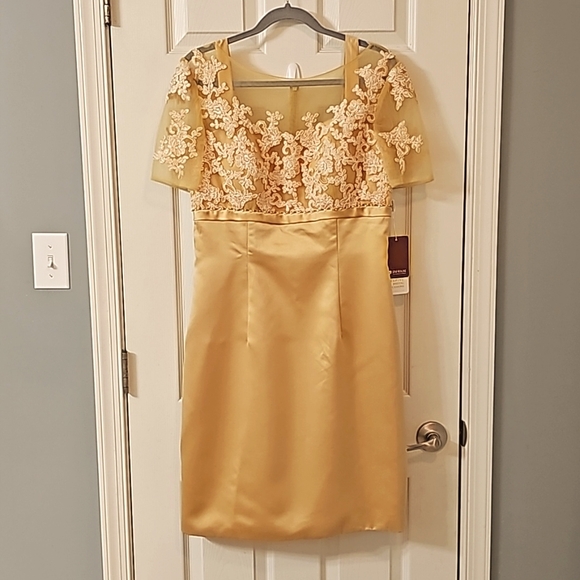 JJs House Dresses & Skirts - JJs House satin skirt delicate lace-embroidered bodice sheer short sleeves.